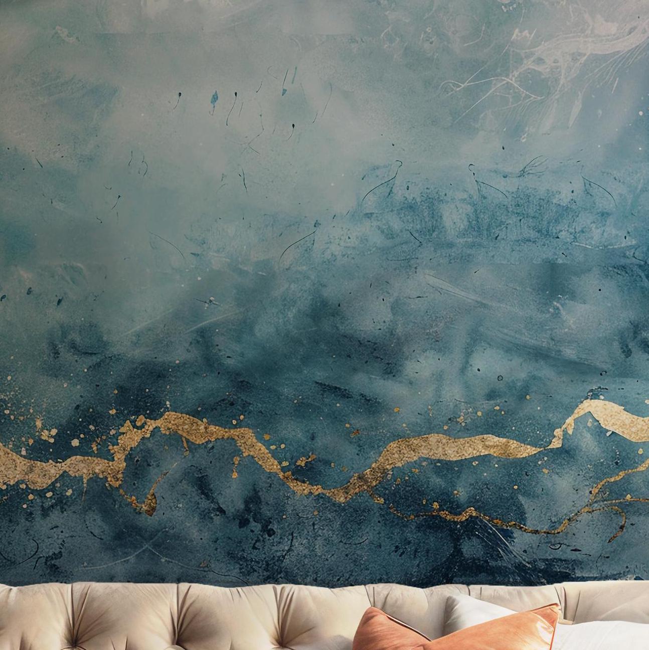 Blue Abstract Watercolor Wall Mural - Gold Accent Removable Self Adhesive Wallpaper BV139