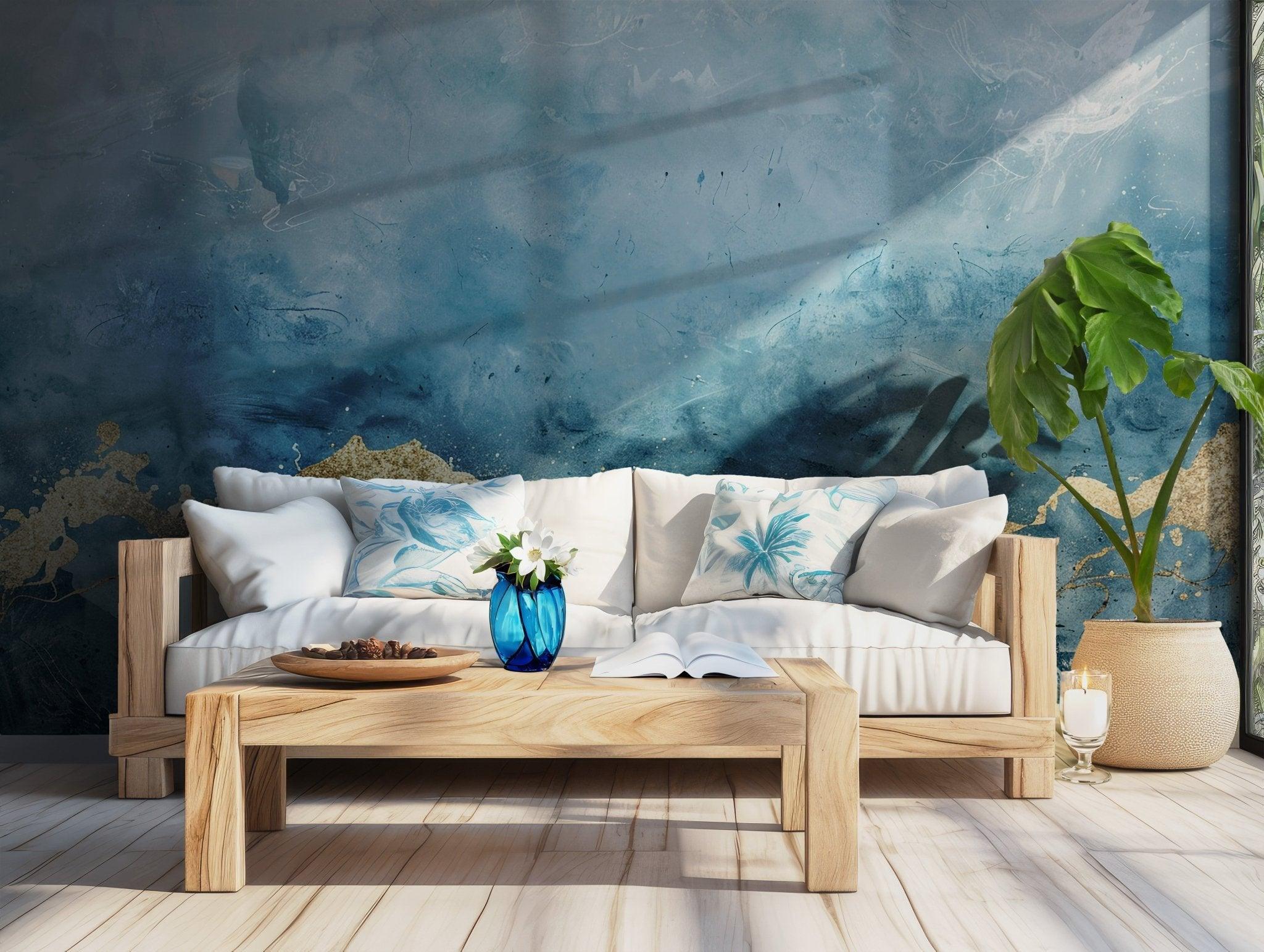 Blue Abstract Watercolor Wall Mural - Gold Accent Removable Self Adhesive Wallpaper BV139