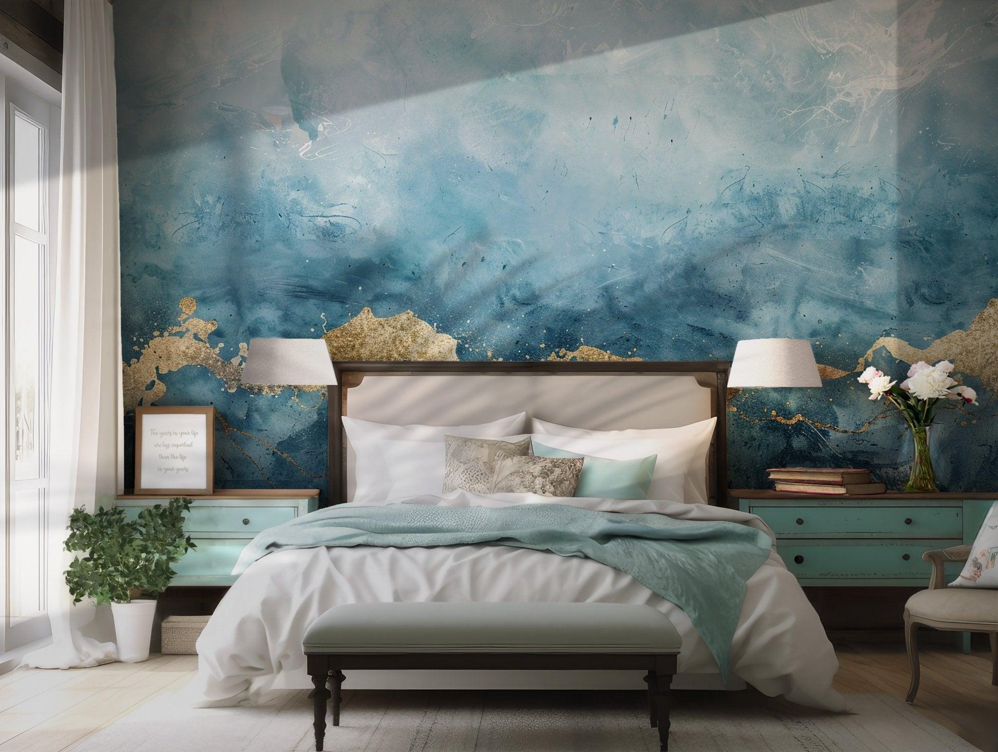 Blue Abstract Watercolor Wall Mural - Gold Accent Removable Self Adhesive Wallpaper BV139