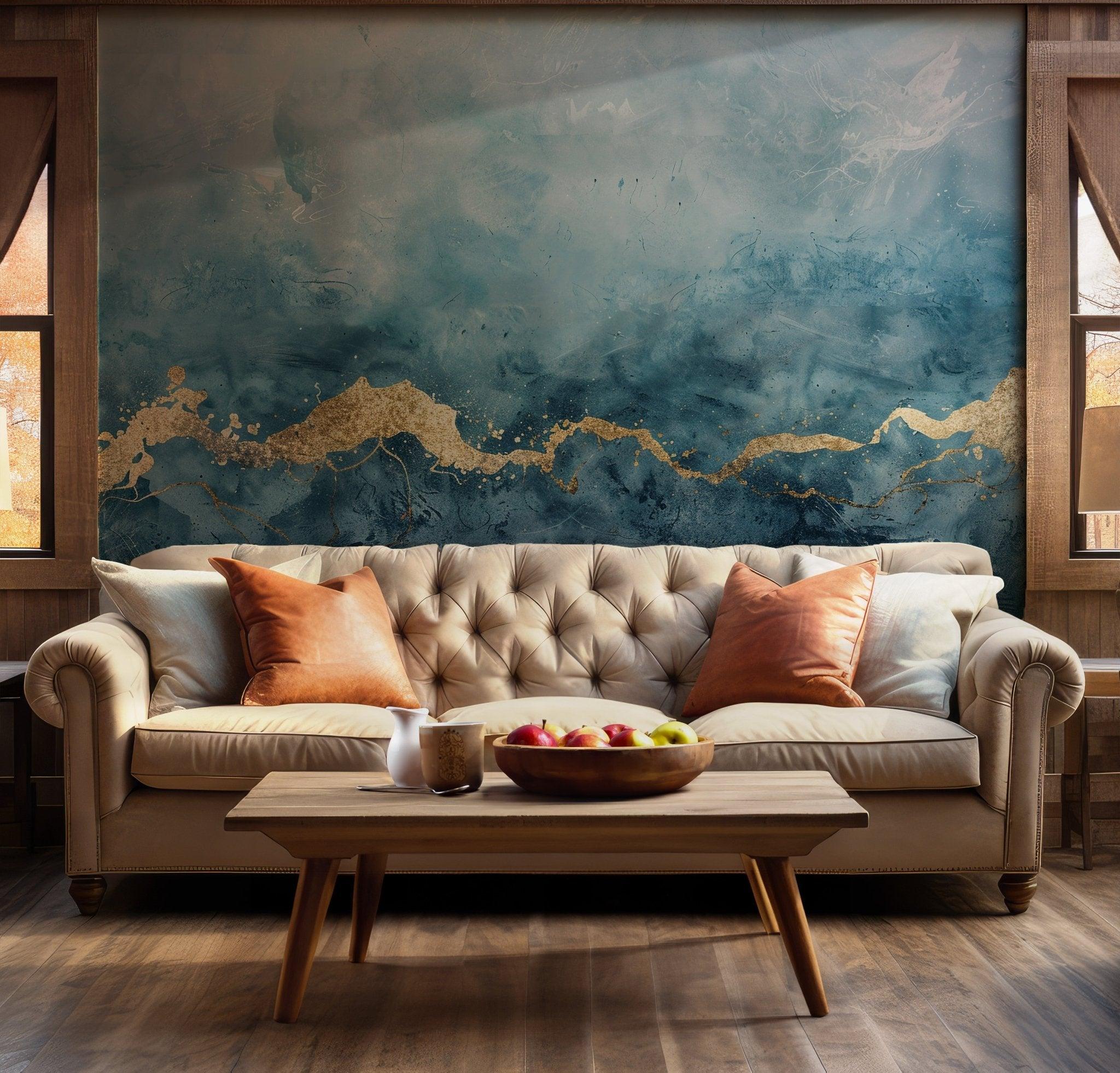 Blue Abstract Watercolor Wall Mural - Gold Accent Removable Self Adhesive Wallpaper BV139