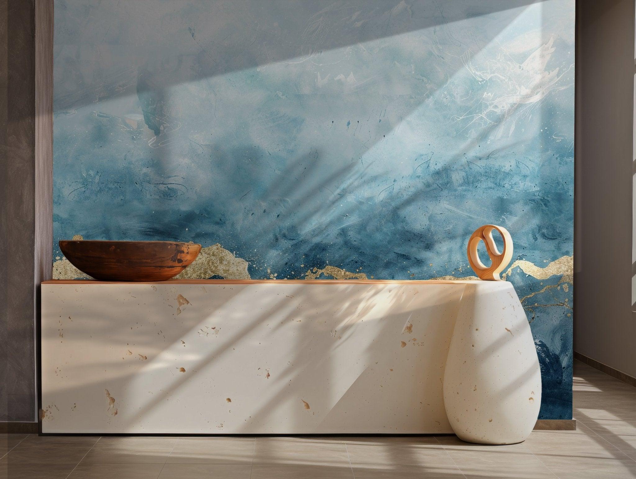 Blue Abstract Watercolor Wall Mural - Gold Accent Removable Self Adhesive Wallpaper BV139