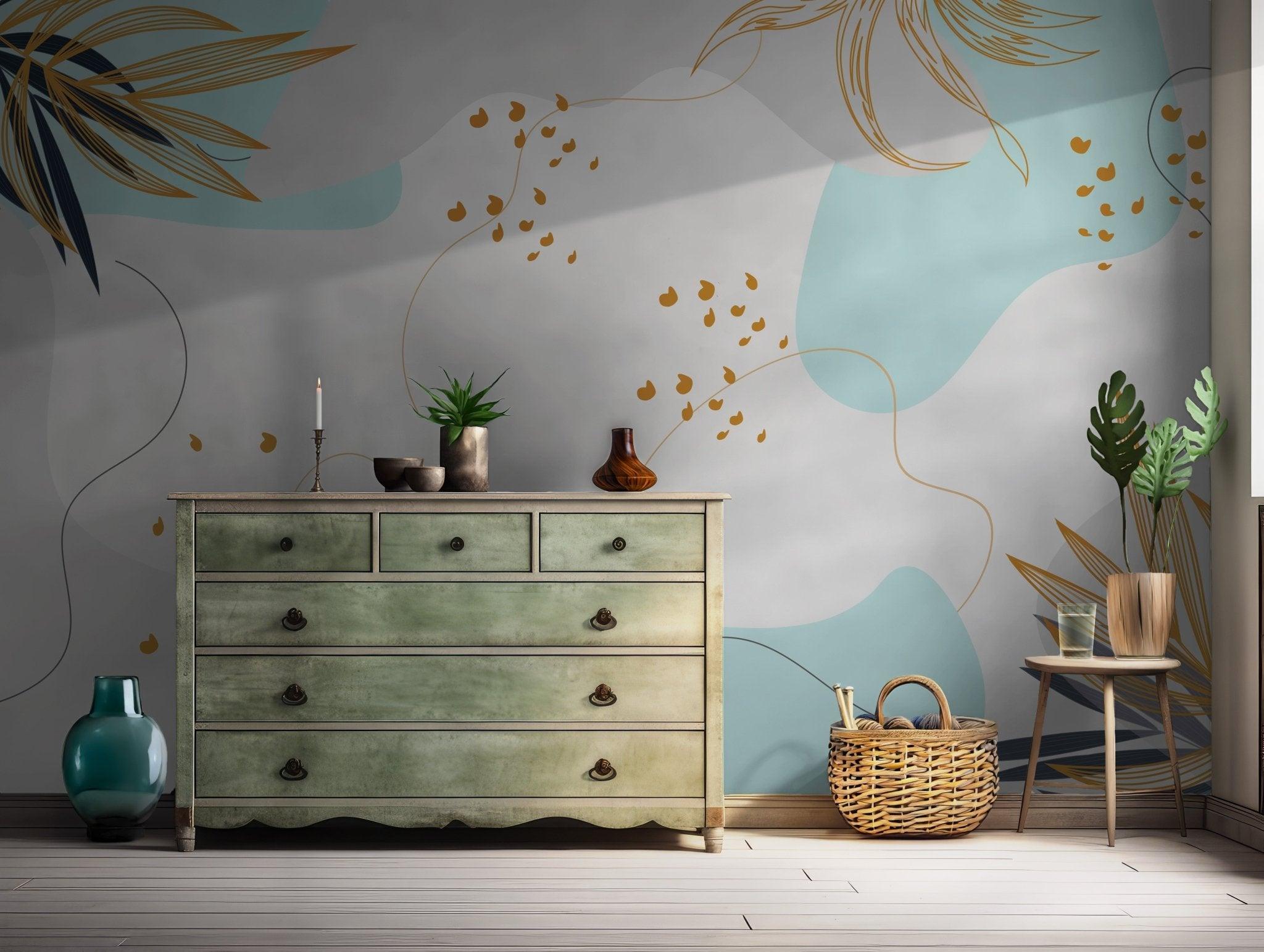 Blue and Beige Botanical Wallpaper - Abstract Art with Gold Leaf Outlines - Modern Mural Style BV146