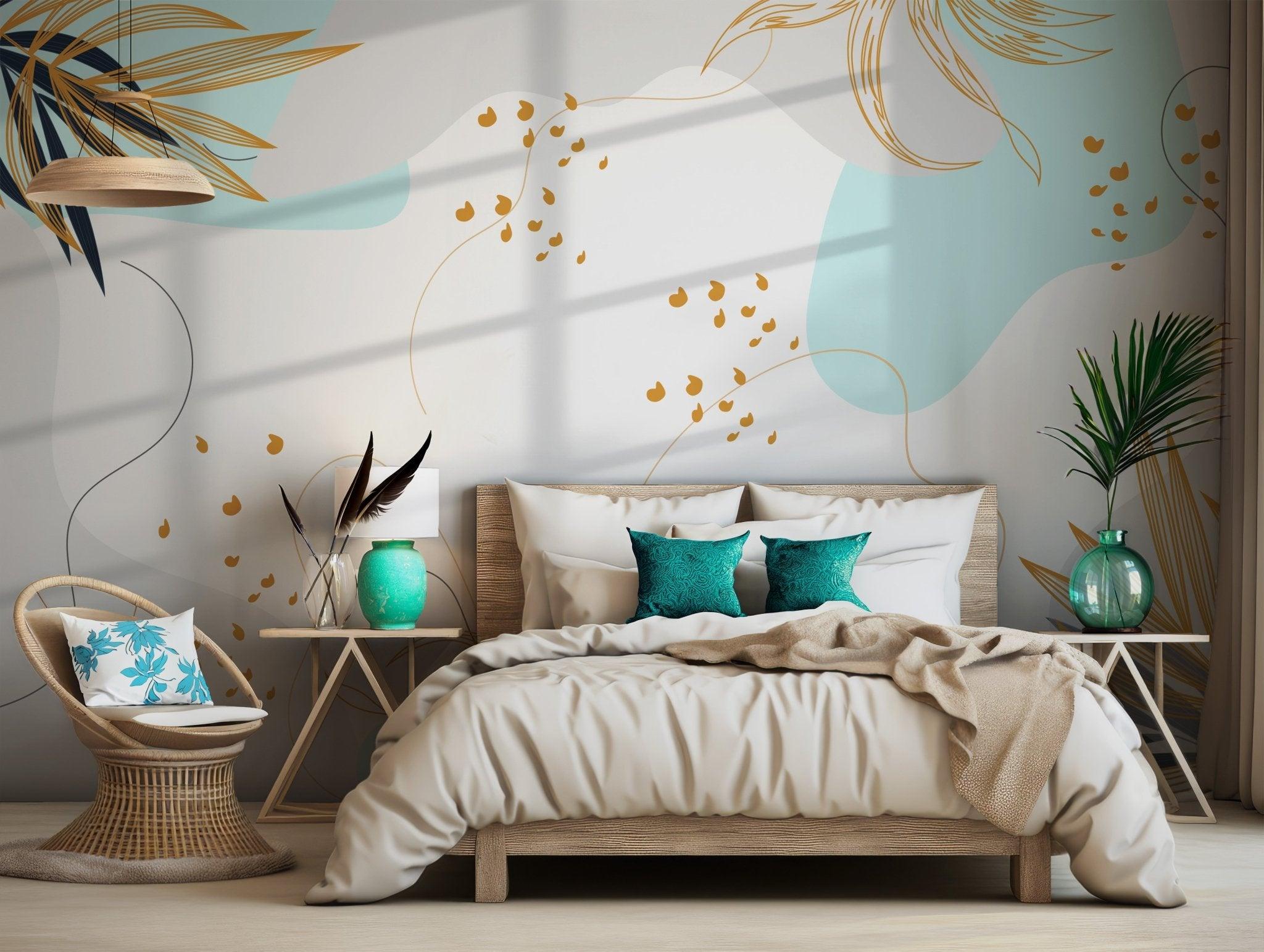 Blue and Beige Botanical Wallpaper - Abstract Art with Gold Leaf Outlines - Modern Mural Style BV146