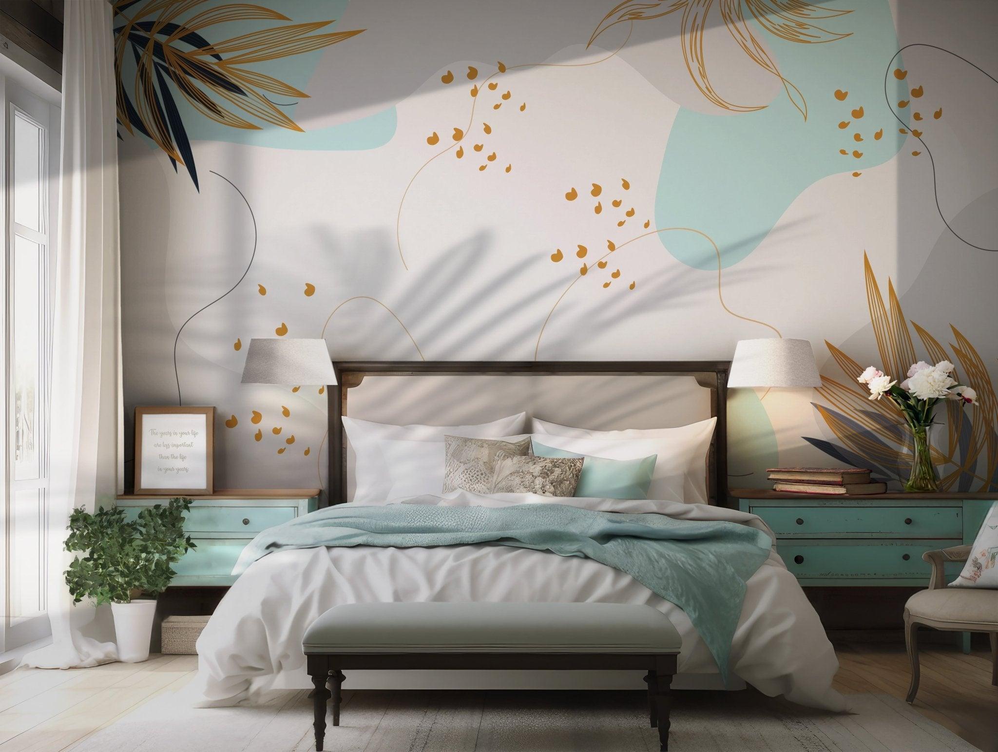 Blue and Beige Botanical Wallpaper - Abstract Art with Gold Leaf Outlines - Modern Mural Style BV146