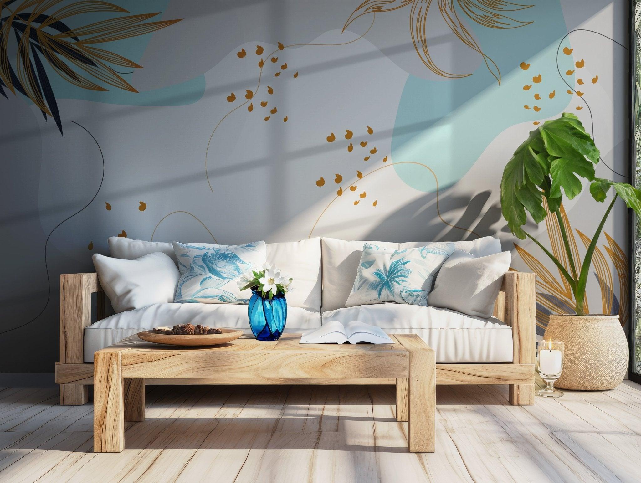 Blue and Beige Botanical Wallpaper - Abstract Art with Gold Leaf Outlines - Modern Mural Style BV146