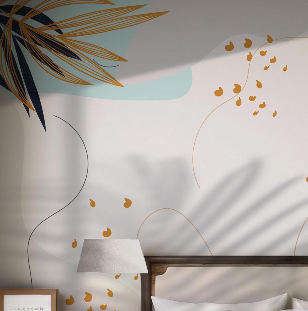 Blue and Beige Botanical Wallpaper - Abstract Art with Gold Leaf Outlines - Modern Mural Style BV146