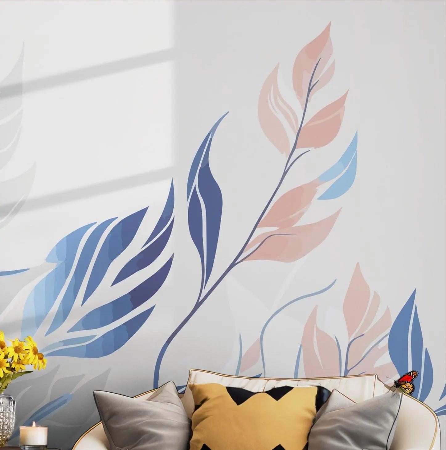 Blue and Beige Pastel Leaf Wallpaper - Peel and Stick Wall Mural - Modern Leaves BV295