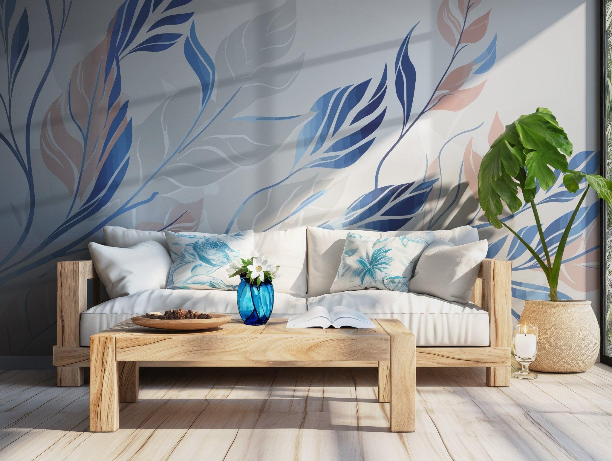 Blue and Beige Pastel Leaf Wallpaper - Peel and Stick Wall Mural - Modern Leaves BV295