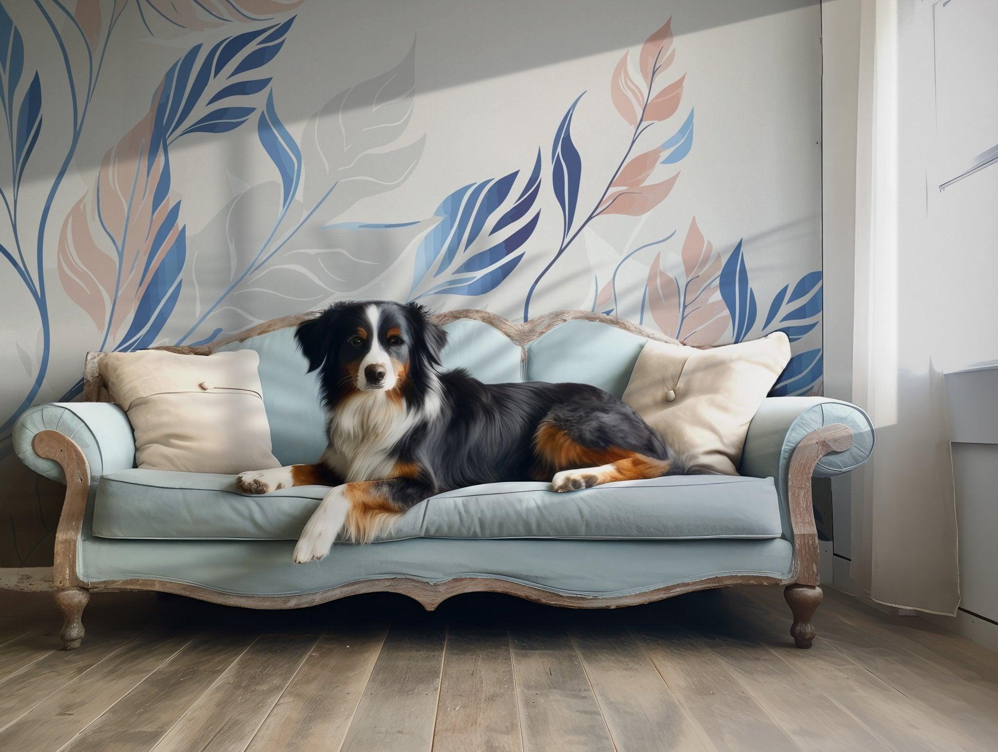 Blue and Beige Pastel Leaf Wallpaper - Peel and Stick Wall Mural - Modern Leaves BV295