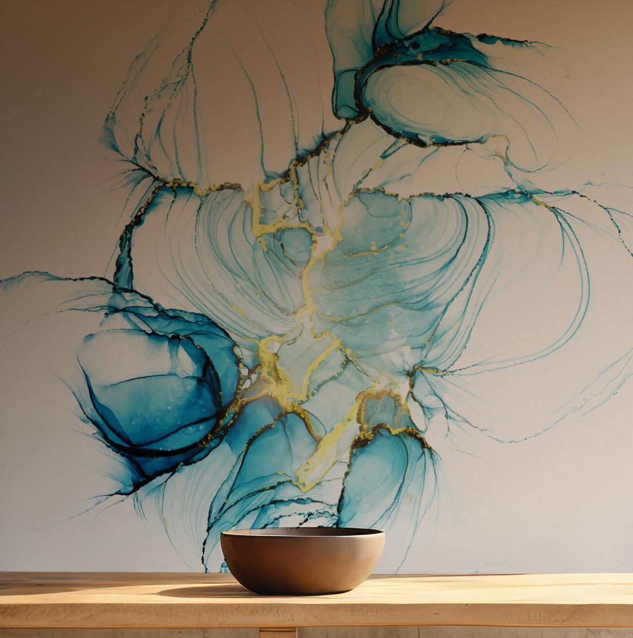 Blue and Gold Wallpaper - Peel and Stick Wall Mural - Fluid Ink Marble Art Abstract Modern BV286