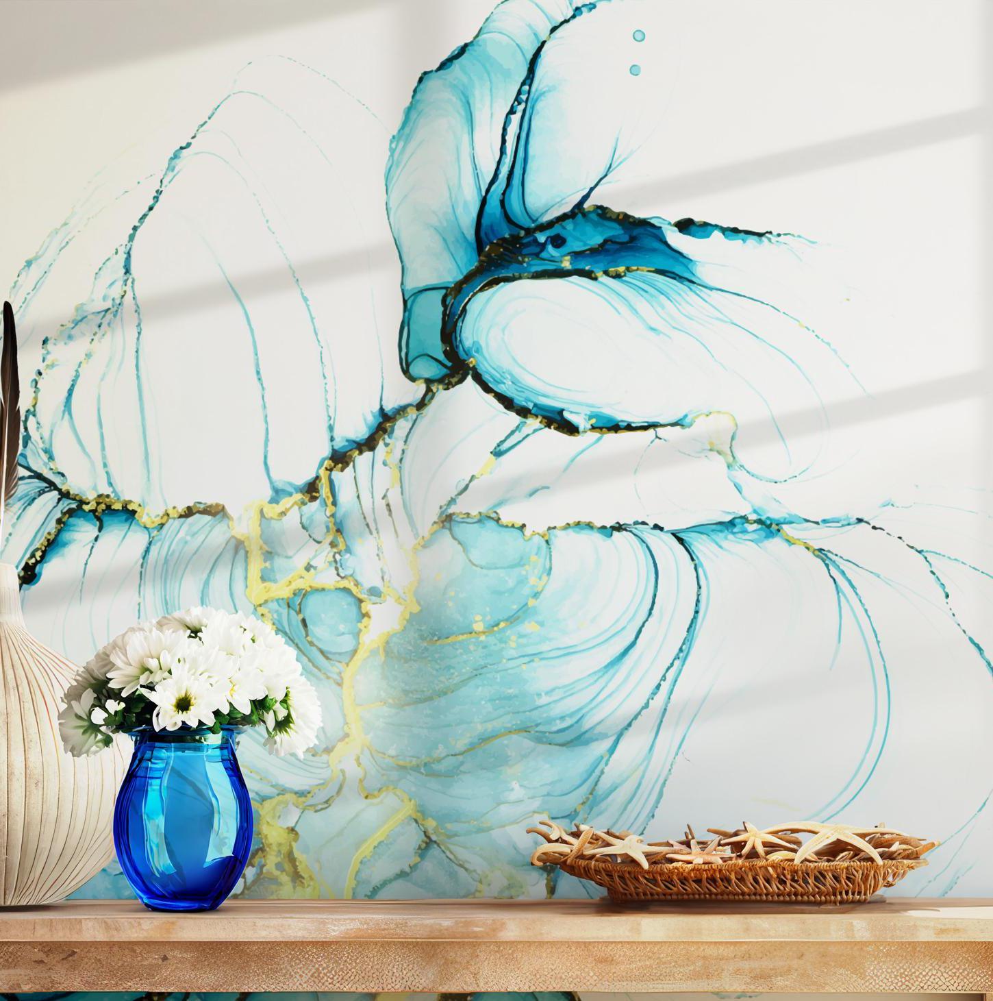 Blue and Gold Wallpaper - Peel and Stick Wall Mural - Fluid Ink Marble Art Abstract Modern BV286