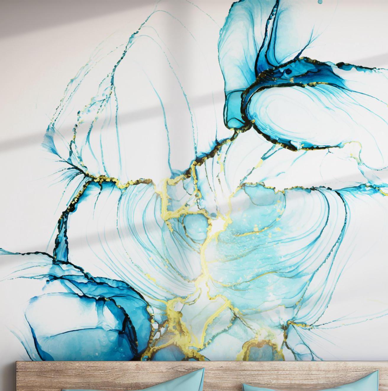 Blue and Gold Wallpaper - Peel and Stick Wall Mural - Fluid Ink Marble Art Abstract Modern BV286