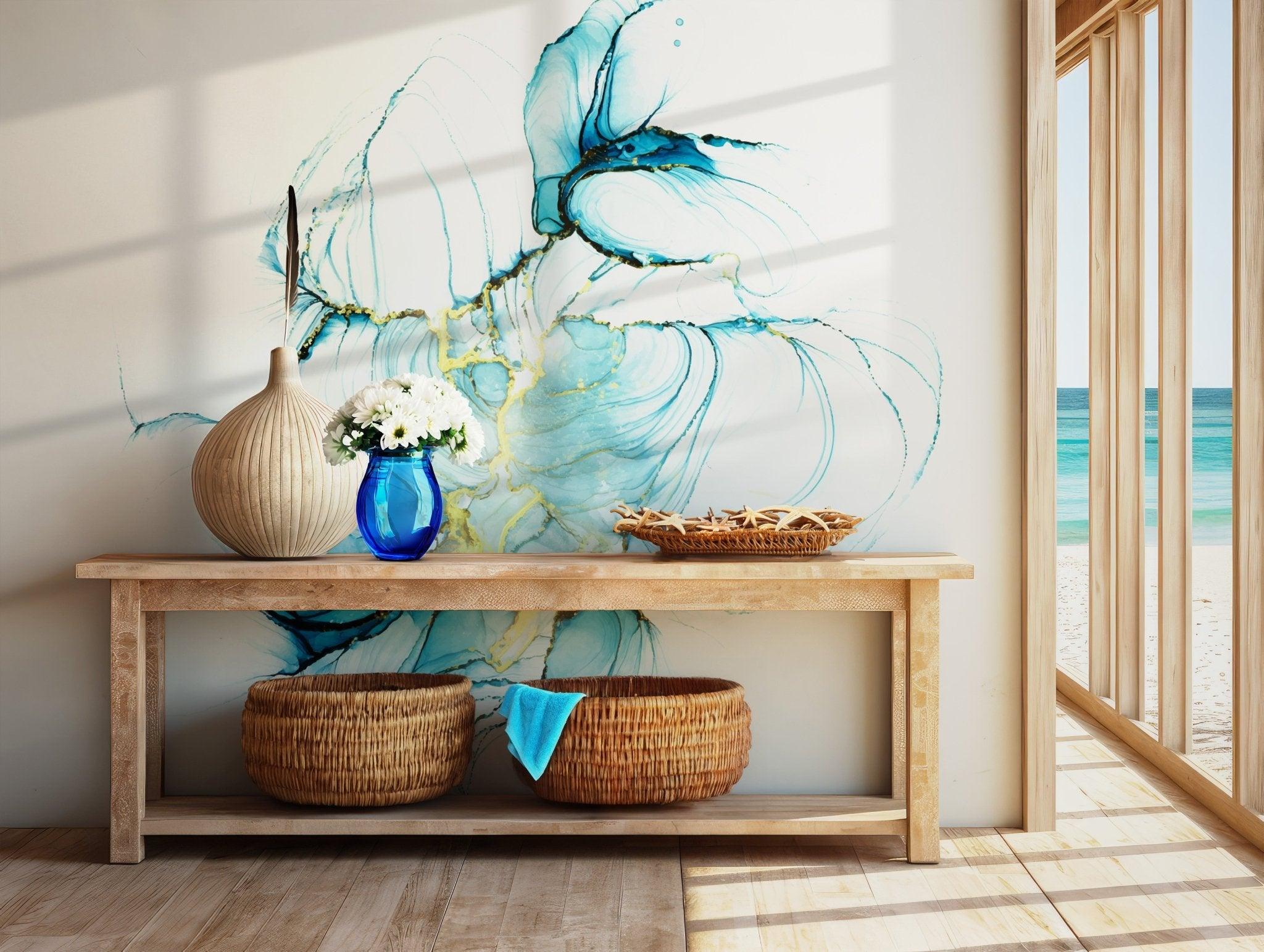 Blue and Gold Wallpaper - Peel and Stick Wall Mural - Fluid Ink Marble Art Abstract Modern BV286