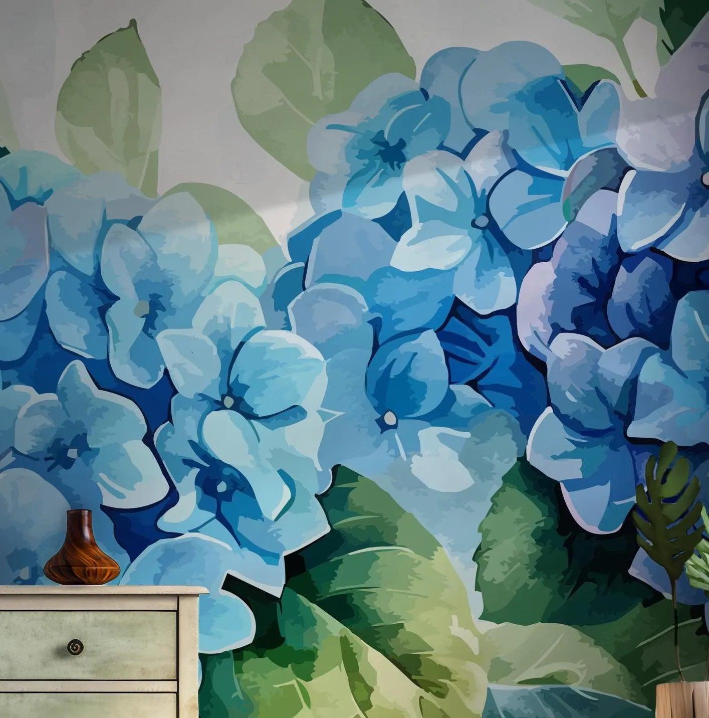Blue Art Painting Wallpaper - Self Adhesive Peel and Stick Wall Mural - Hydrangeas Flowers Green Leaves Branches BV210