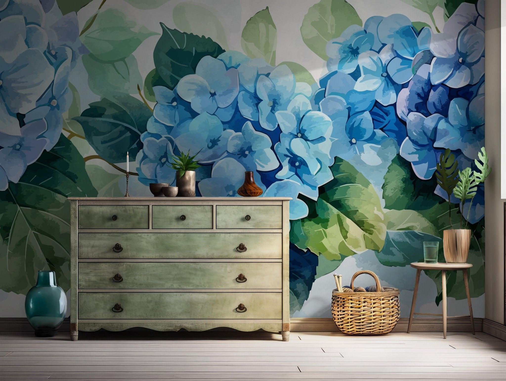 Blue Art Painting Wallpaper - Self Adhesive Peel and Stick Wall Mural - Hydrangeas Flowers Green Leaves Branches BV210