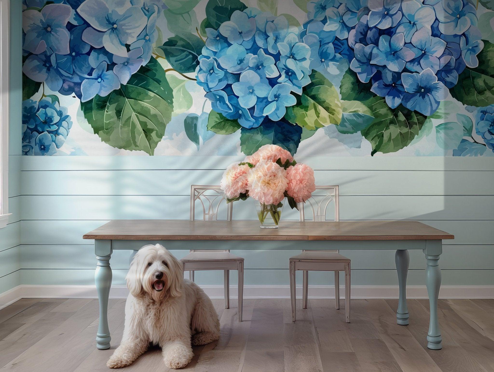 Blue Art Painting Wallpaper - Self Adhesive Peel and Stick Wall Mural - Hydrangeas Flowers Green Leaves Branches BV210