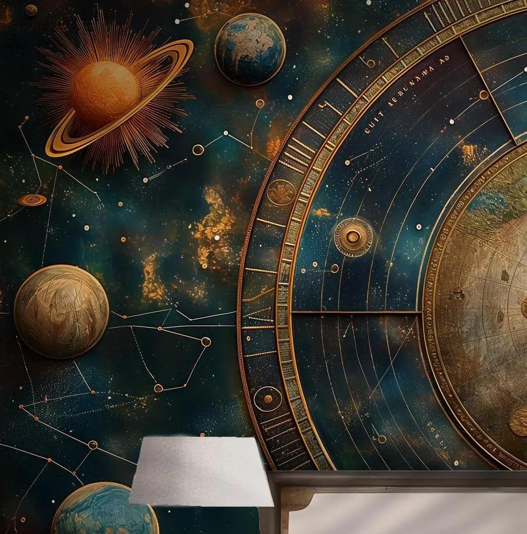 Blue Celestial Alchemy Wallpaper - Peel and Stick Wall Mural - Astrology Clouds Sun Moon BV205