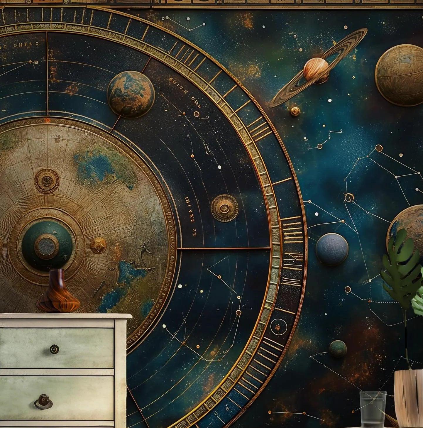 Blue Celestial Alchemy Wallpaper - Peel and Stick Wall Mural - Astrology Clouds Sun Moon BV205