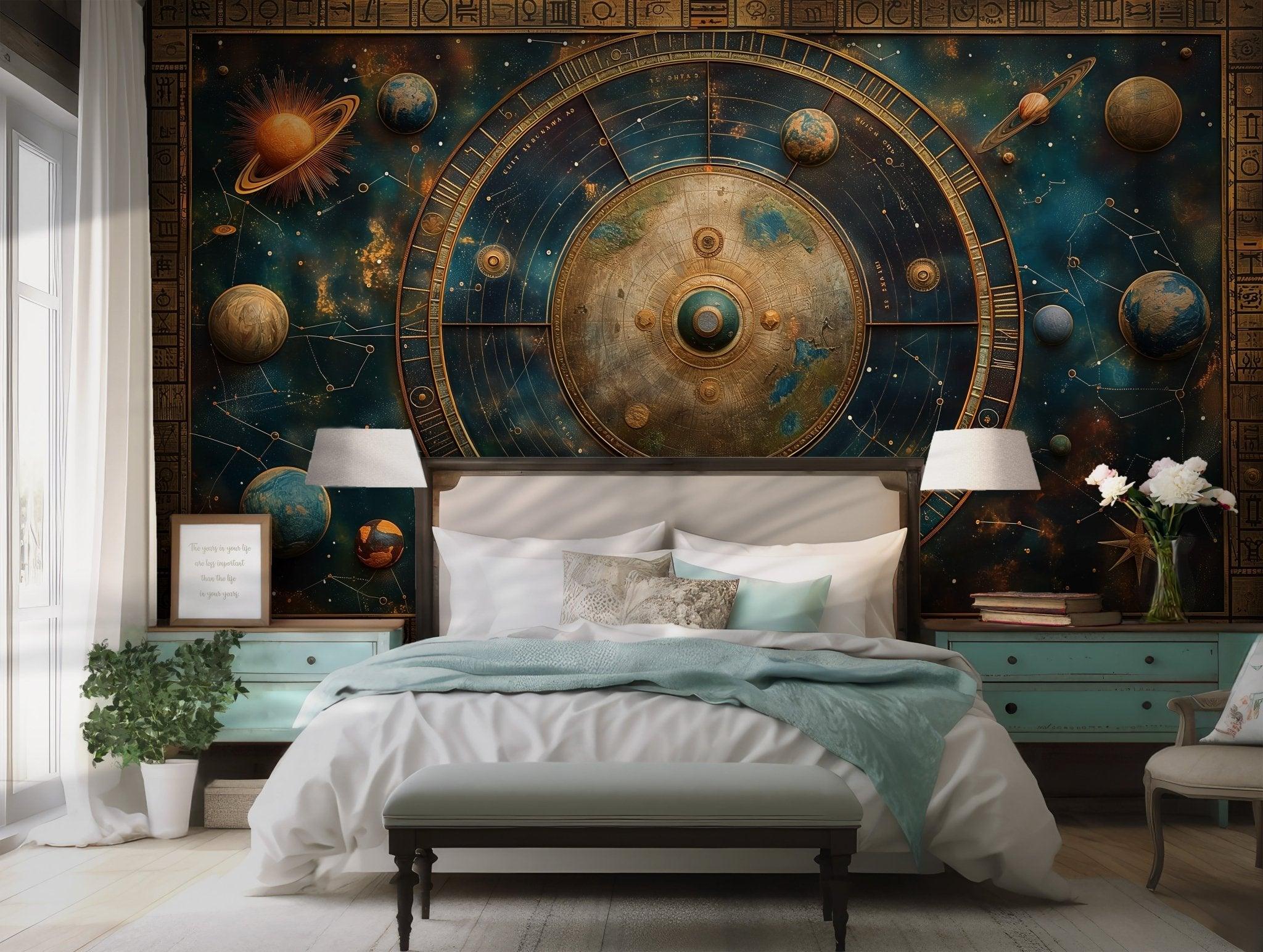 Blue Celestial Alchemy Wallpaper - Peel and Stick Wall Mural - Astrology Clouds Sun Moon BV205