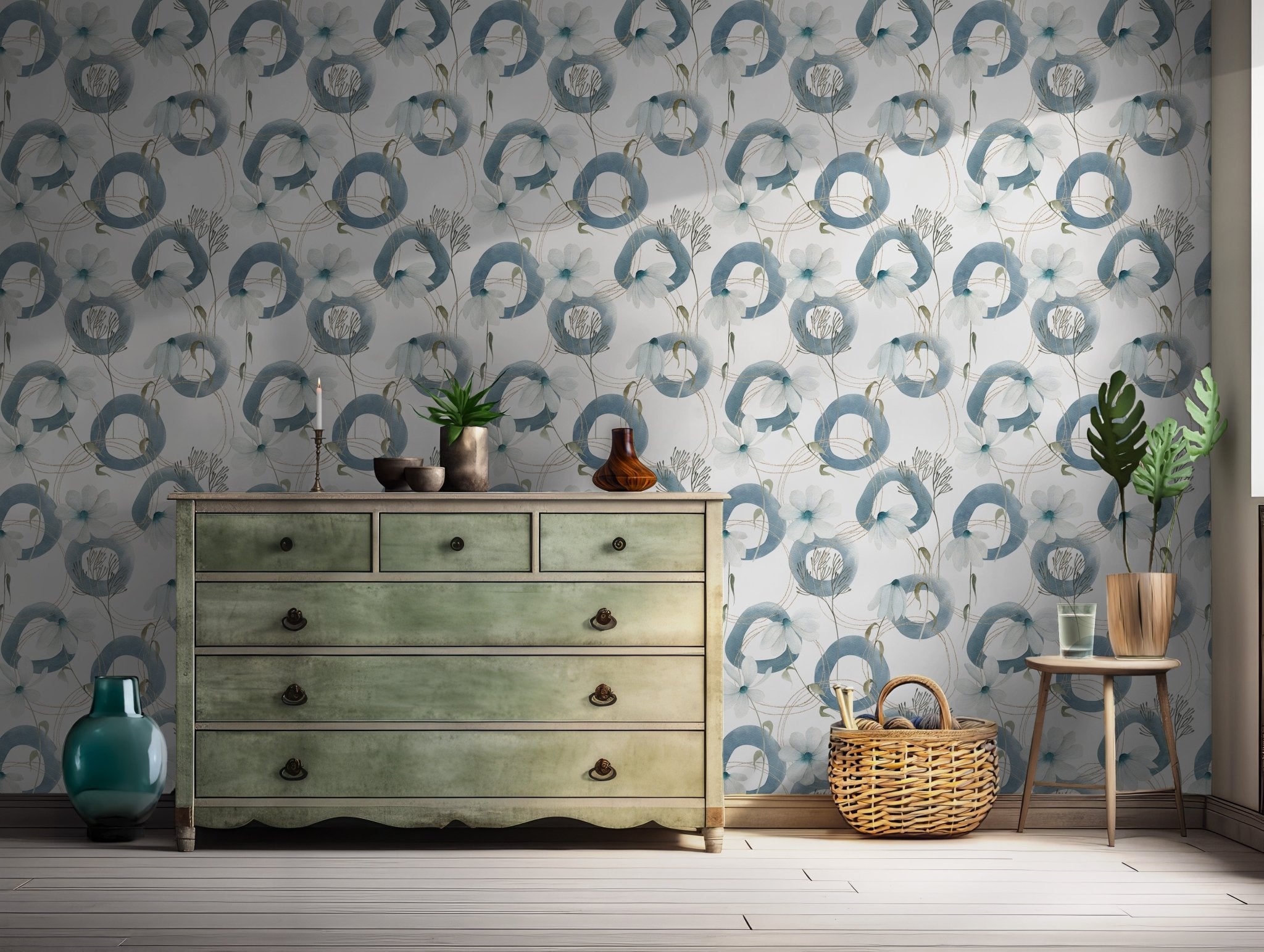 Elegant botanical design featuring abstract loops in blue with delicate watercolor floral elements and metallic gold lines. This image is great for removable wallpaper projects, providing a stylish and temporary wall transformation that suits minimalist or calming decor.