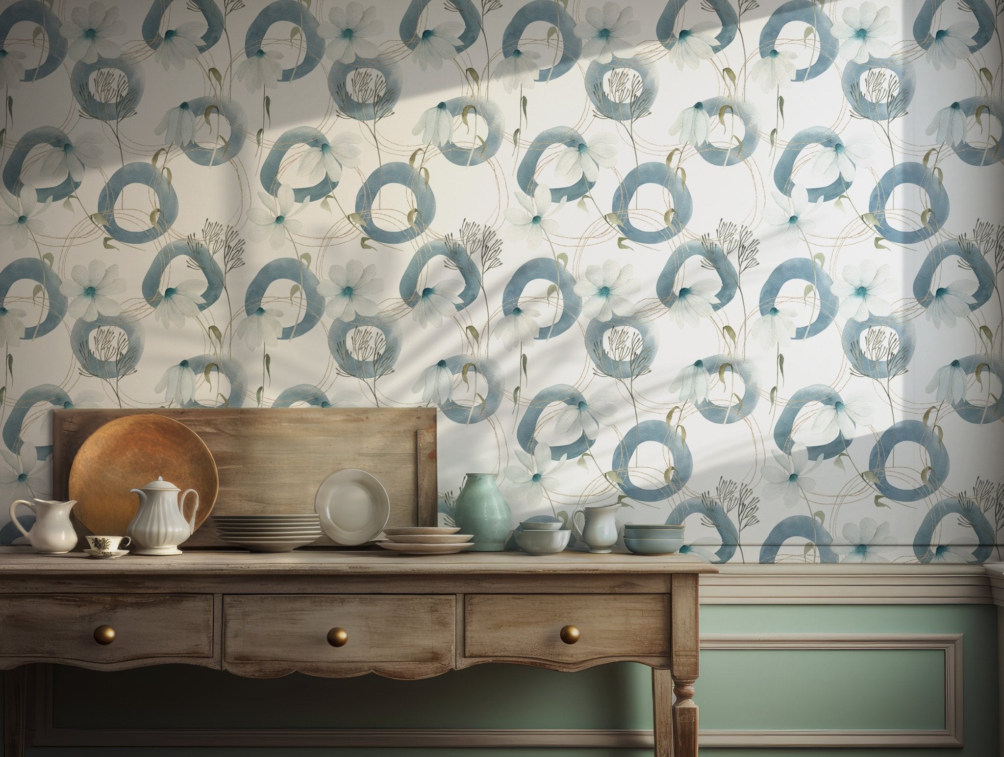 A soft blue and white floral pattern with abstract circular shapes and watercolor petals, enhanced by fine gold line accents. Perfect for temporary wallpaper or removable wallpaper in a modern interior. Easy to apply and remove, ideal for renters or decorators wanting a subtle botanical style without permanent commitment.