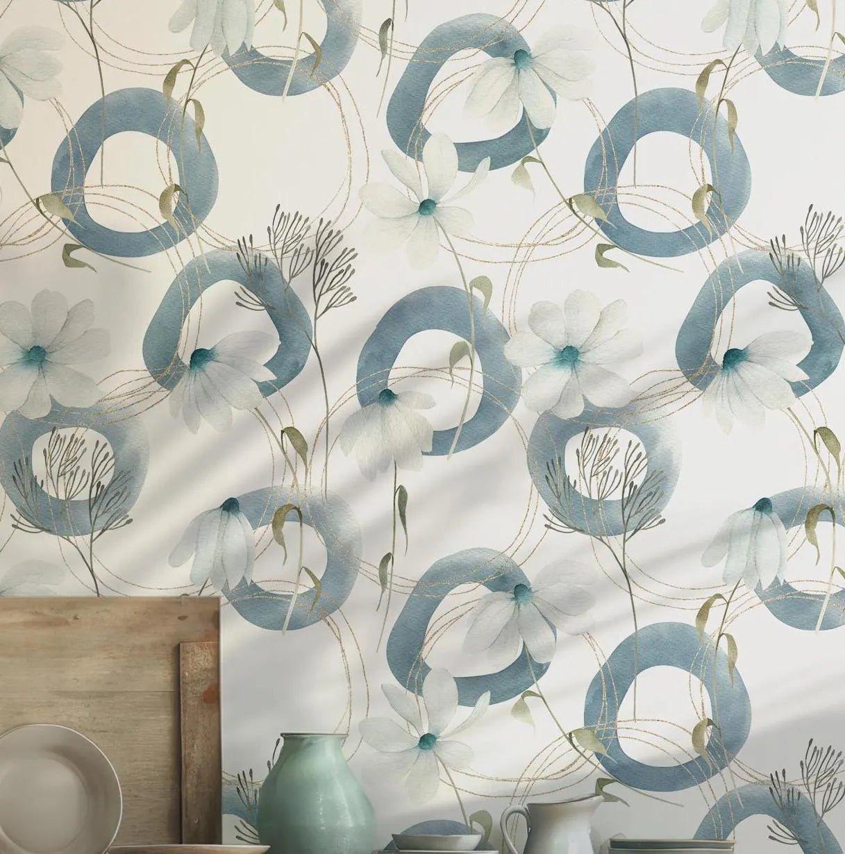 Blue Floral Blooms Self Adhesive Wallpaper - Watercolor Flowers Abstract Peel and Stick Geometric Gold Accents Modern BV111