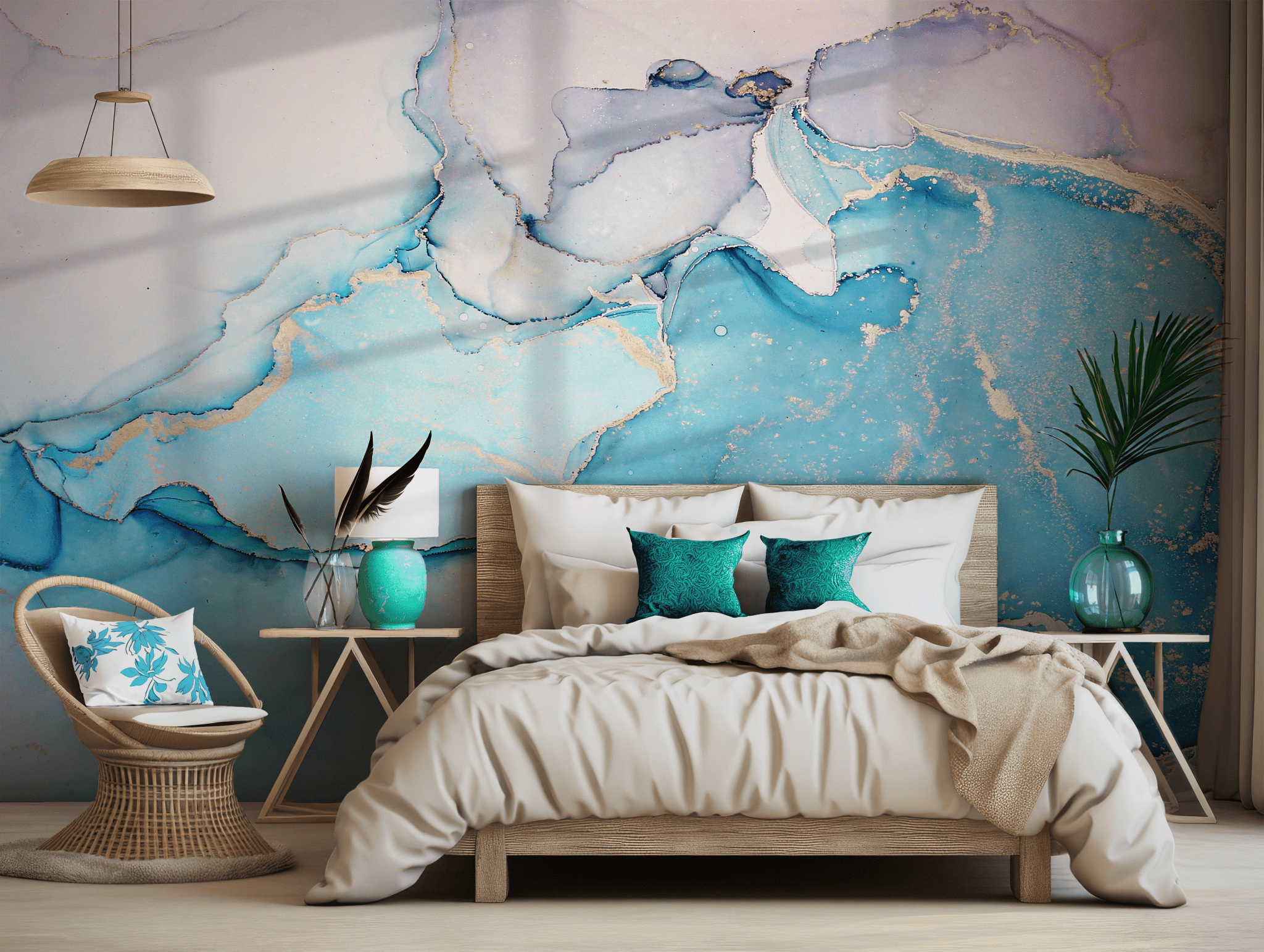 Blue Fluid Marble Wallpaper - Peel and Stick Wall Mural - Gold Accents Artistic Ink Cool Tones BV309