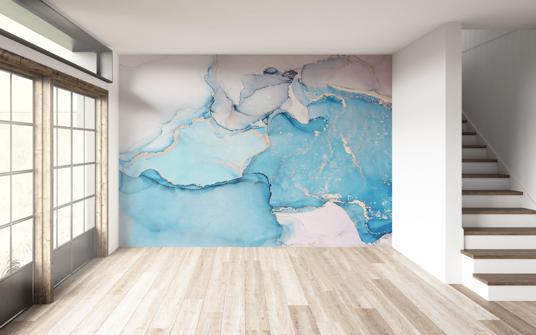 Blue Fluid Marble Wallpaper - Peel and Stick Wall Mural - Gold Accents Artistic Ink Cool Tones BV309