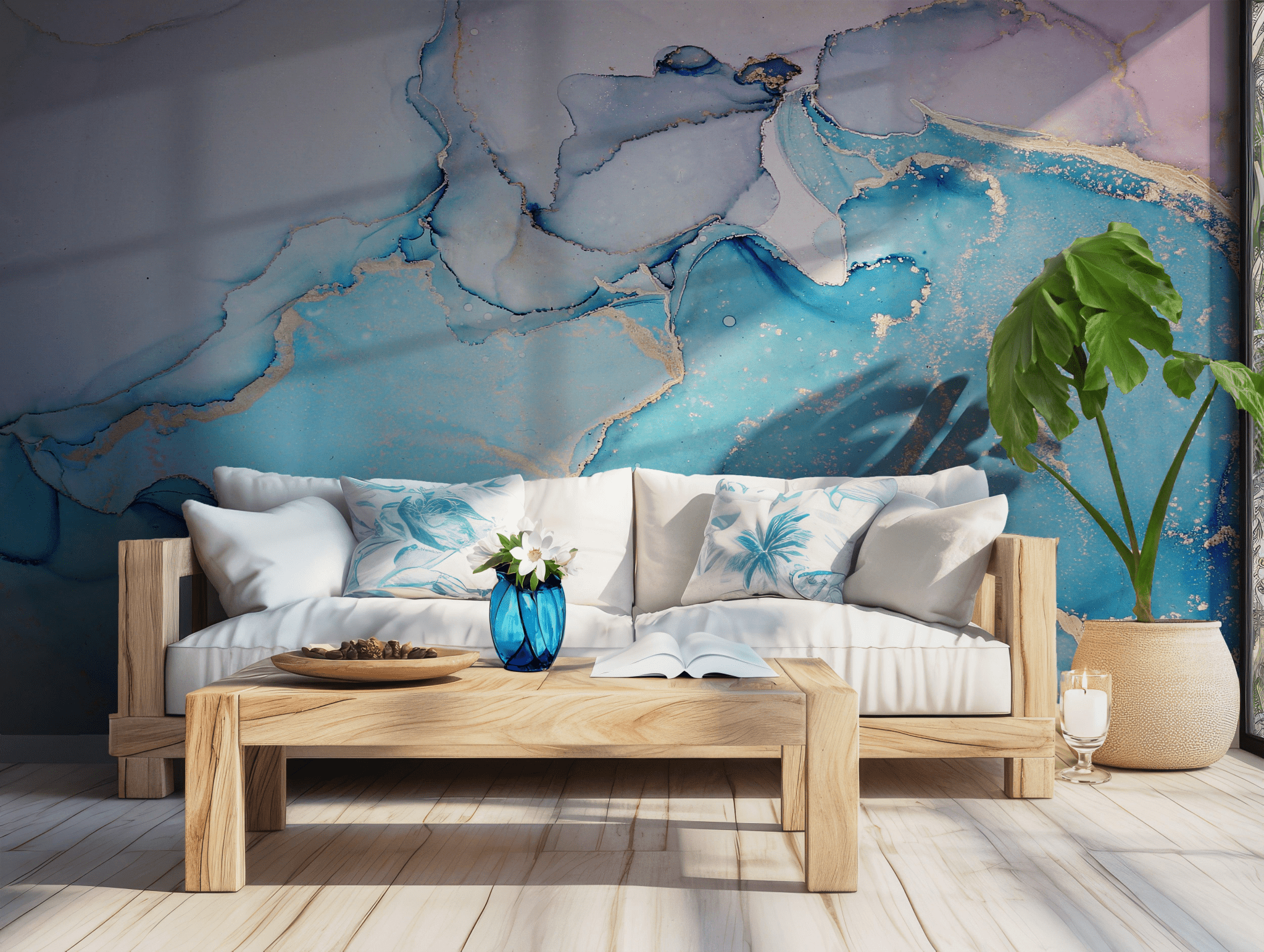 Blue Fluid Marble Wallpaper - Peel and Stick Wall Mural - Gold Accents Artistic Ink Cool Tones BV309