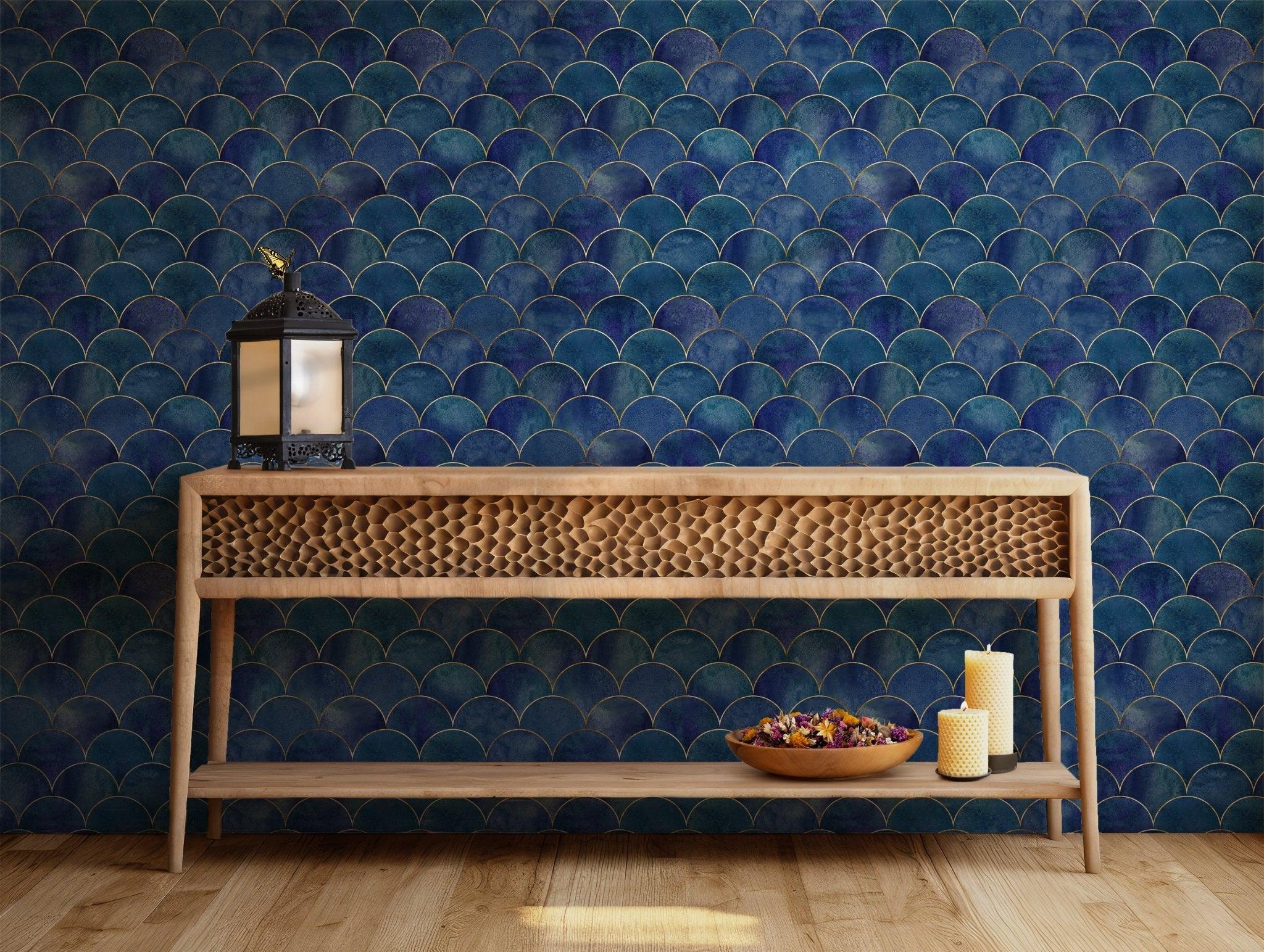 Blue Gold Art Deco Wallpaper - Self Adhesive Peel and Stick - Luxurious Scallop BV254