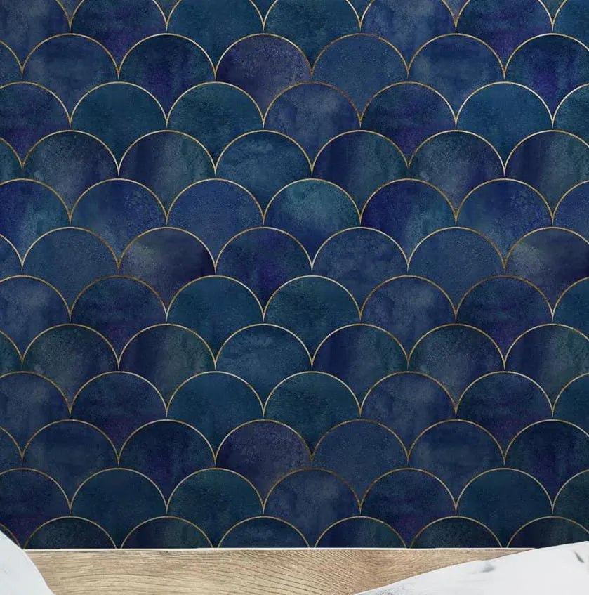 Blue Gold Art Deco Wallpaper - Self Adhesive Peel and Stick - Luxurious Scallop BV254