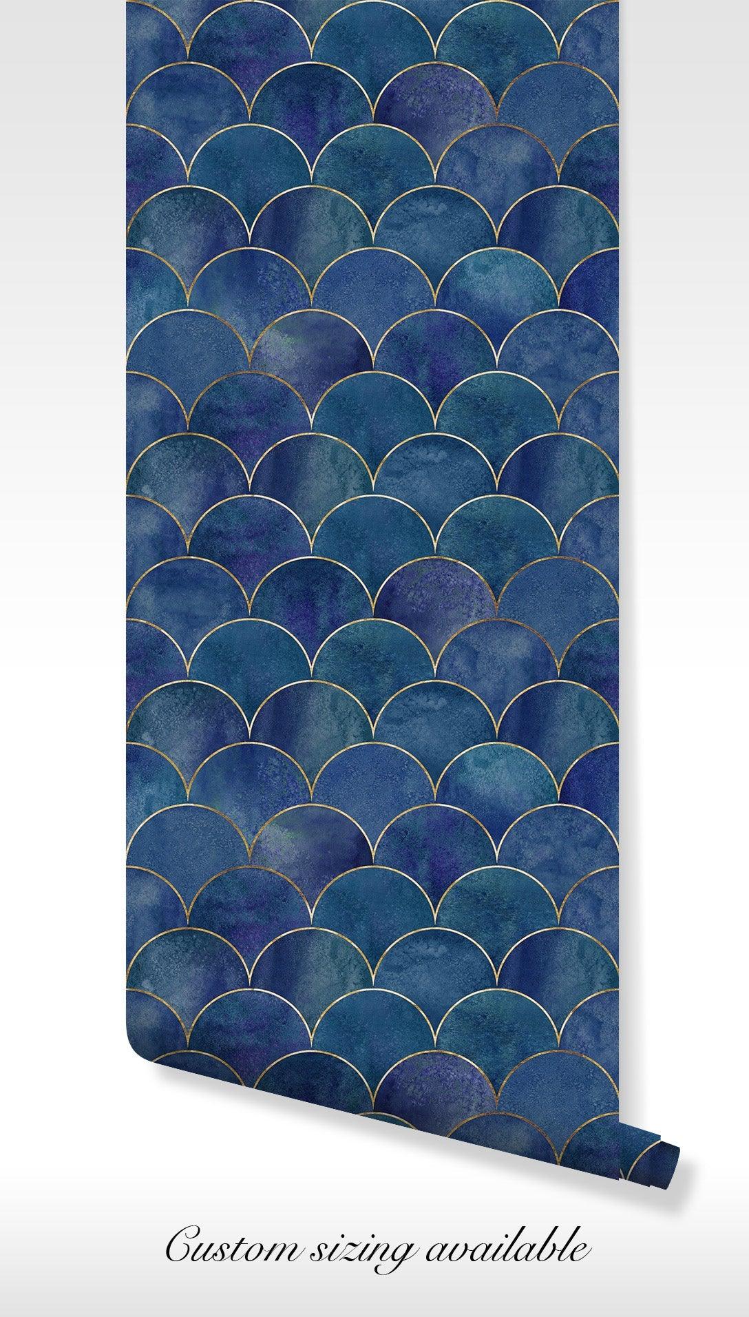 Blue Gold Art Deco Wallpaper - Self Adhesive Peel and Stick - Luxurious Scallop BV254