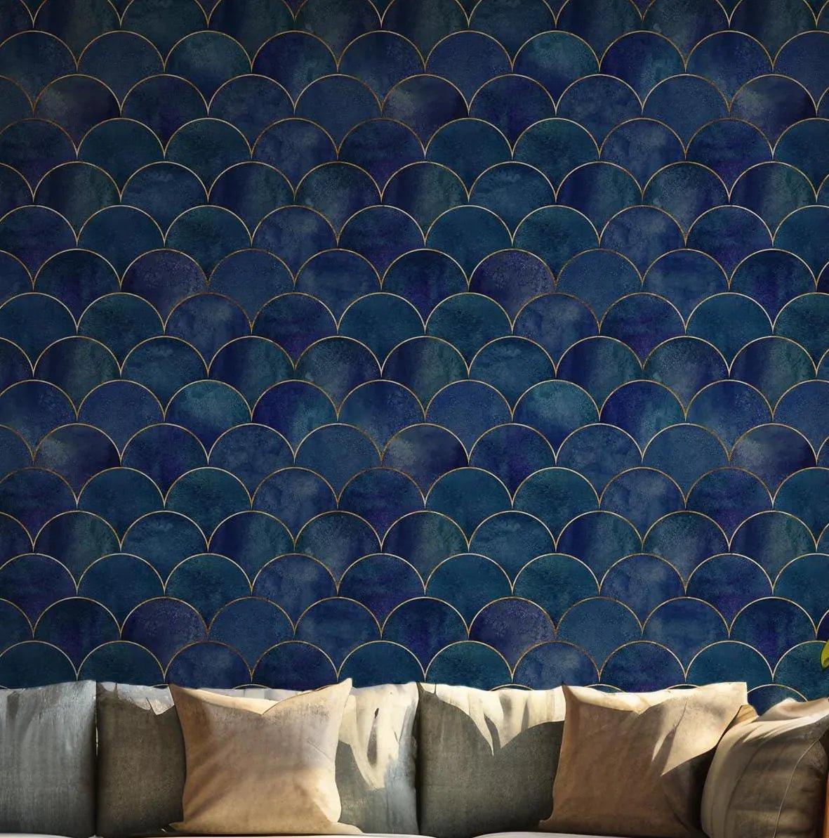 Blue Gold Art Deco Wallpaper - Self Adhesive Peel and Stick - Luxurious Scallop BV254