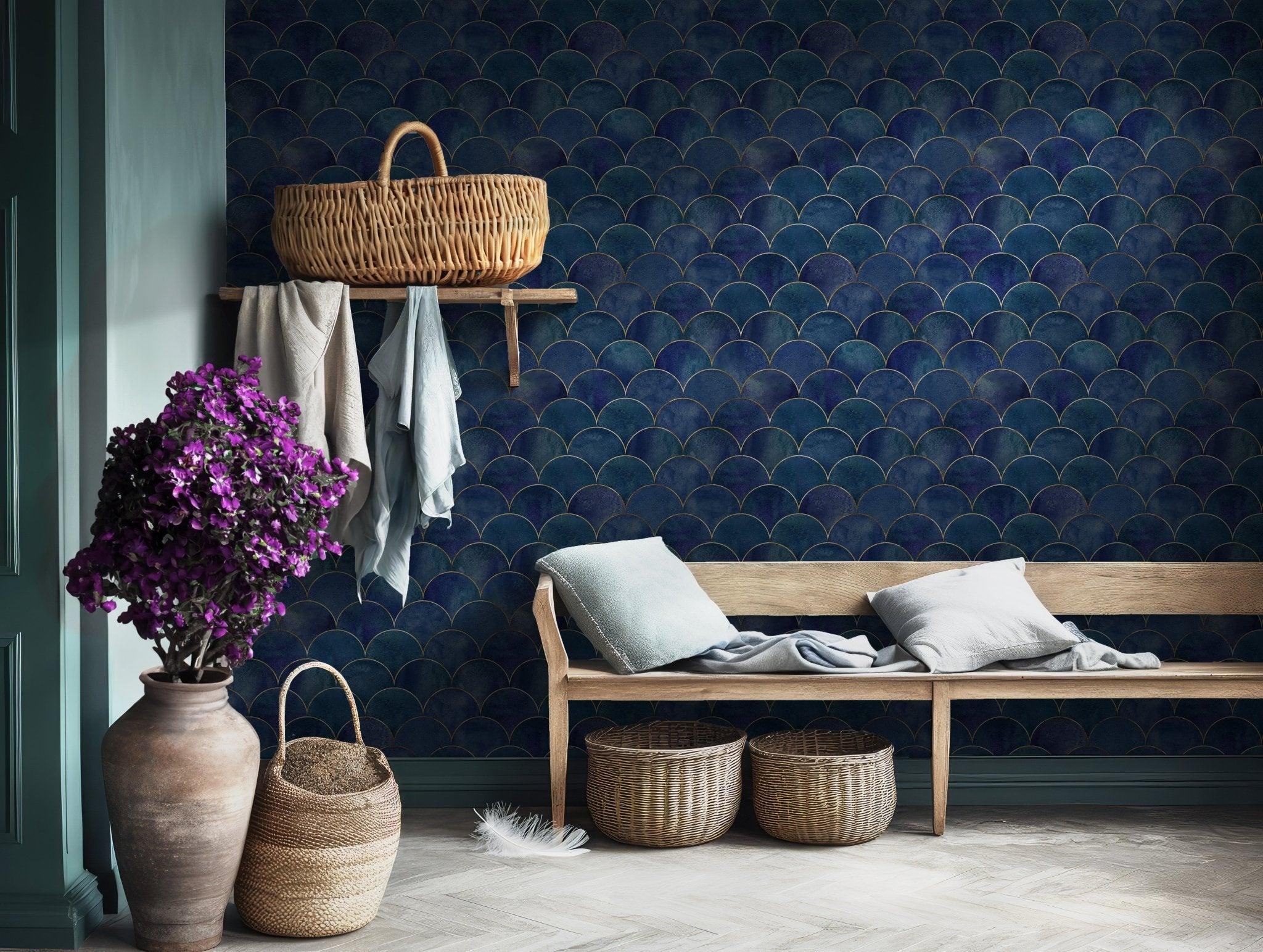 Blue Gold Art Deco Wallpaper - Self Adhesive Peel and Stick - Luxurious Scallop BV254