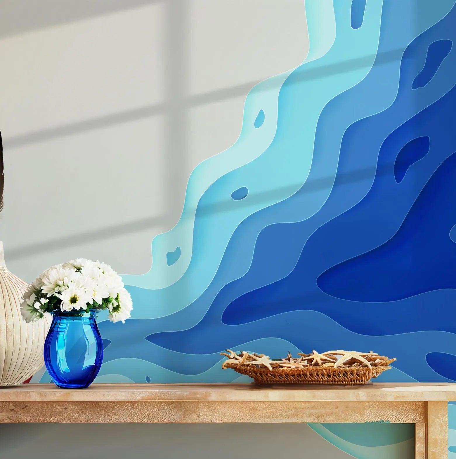 Blue Ocean Beach Wallpaper - Self Adhesive Peel and Stick Wall Mural - Modern Abstract Miami Wave Red Paper Boat BV271