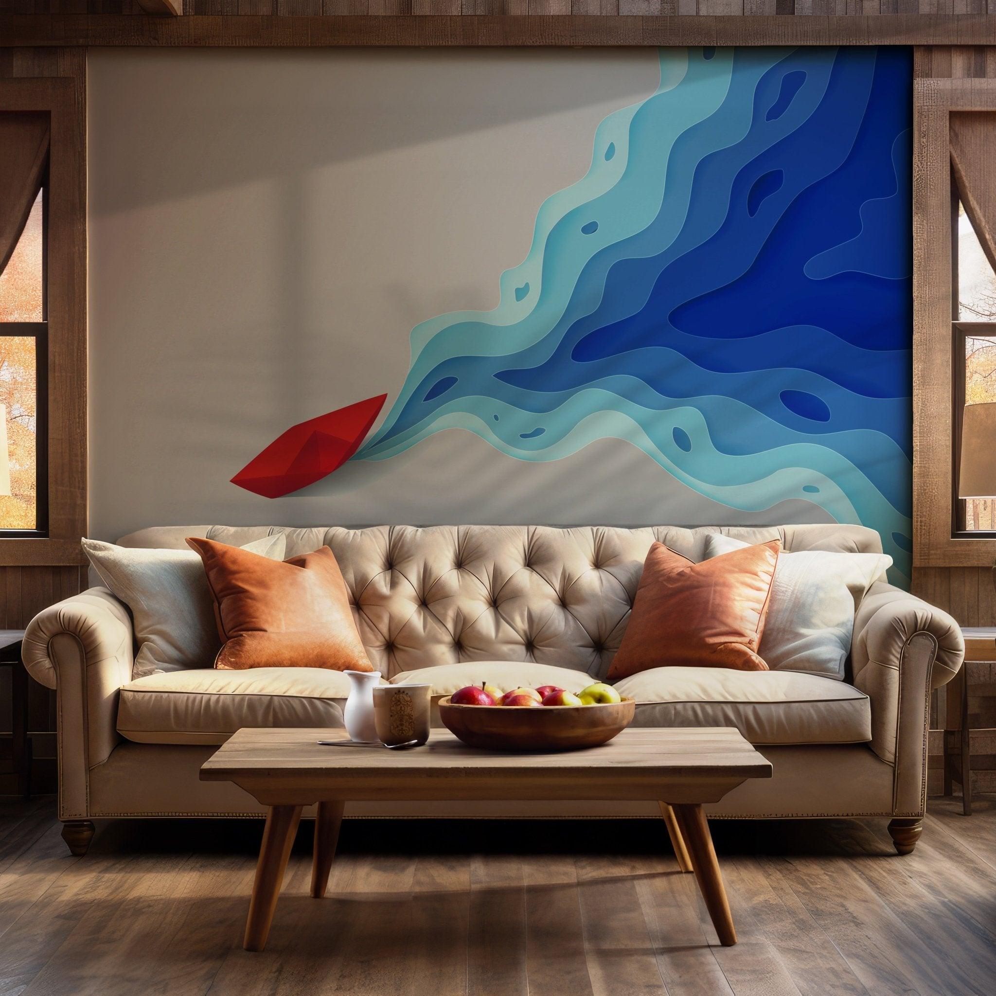Blue Ocean Beach Wallpaper - Self Adhesive Peel and Stick Wall Mural - Modern Abstract Miami Wave Red Paper Boat BV271