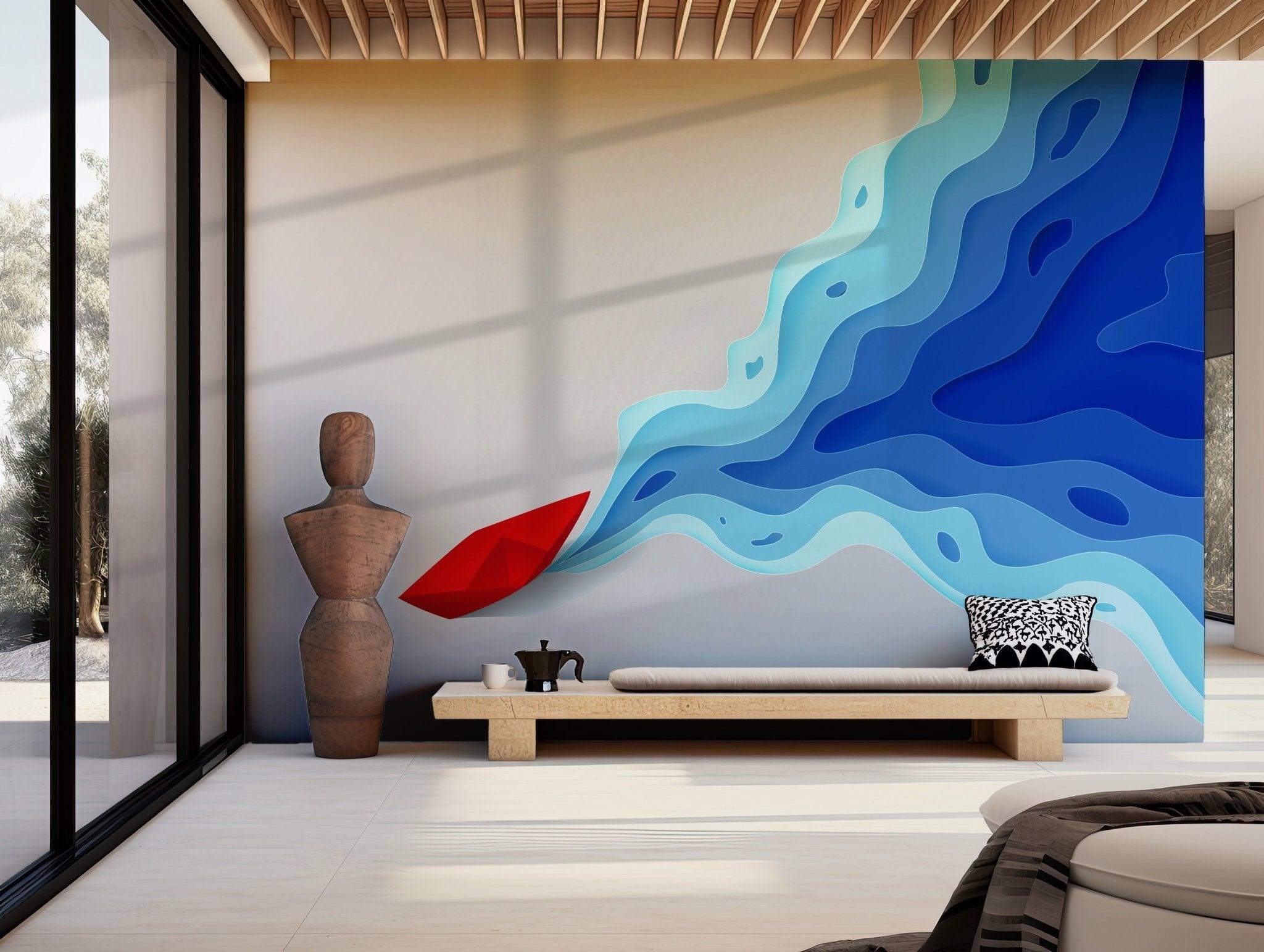 Blue Ocean Beach Wallpaper - Self Adhesive Peel and Stick Wall Mural - Modern Abstract Miami Wave Red Paper Boat BV271