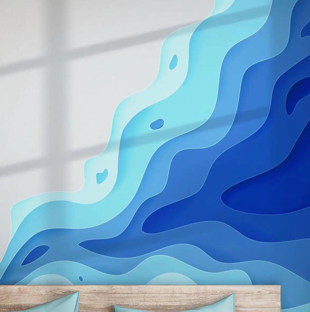 Blue Ocean Beach Wallpaper - Self Adhesive Peel and Stick Wall Mural - Modern Abstract Miami Wave Red Paper Boat BV271