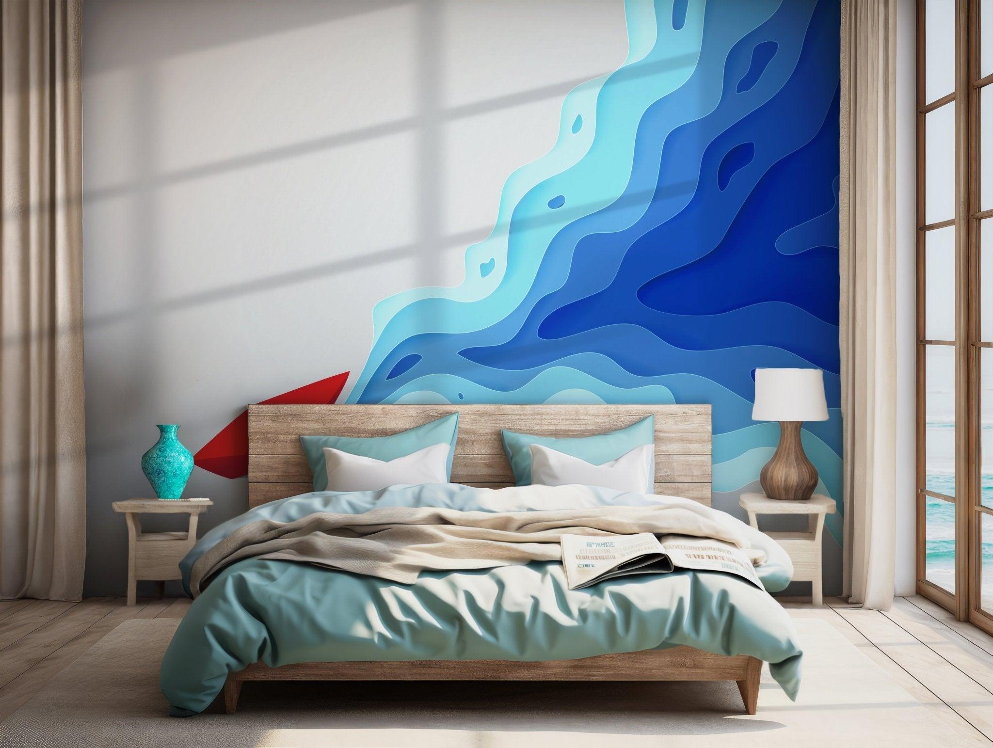 Blue Ocean Beach Wallpaper - Self Adhesive Peel and Stick Wall Mural - Modern Abstract Miami Wave Red Paper Boat BV271