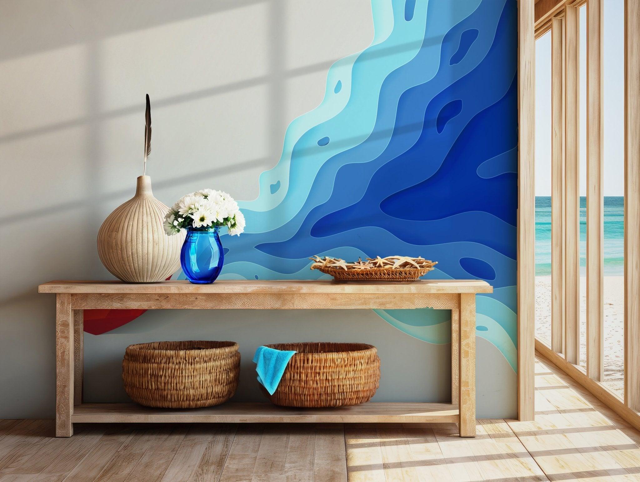 Blue Ocean Beach Wallpaper - Self Adhesive Peel and Stick Wall Mural - Modern Abstract Miami Wave Red Paper Boat BV271