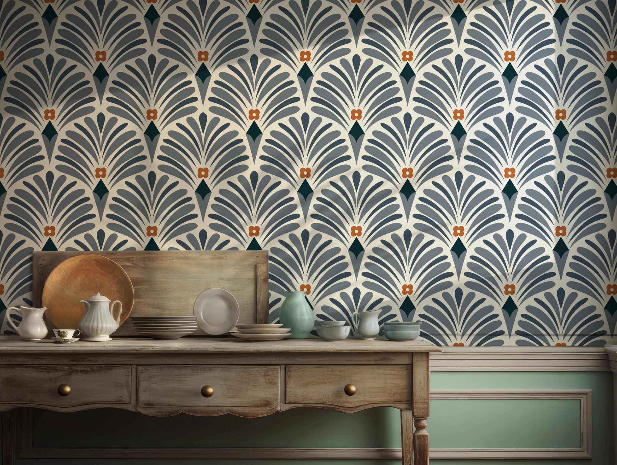 Blue Orange Art Deco Wallpaper - Peel and Stick Wall Mural - Floral Pattern Elegant Wall Decor BV277