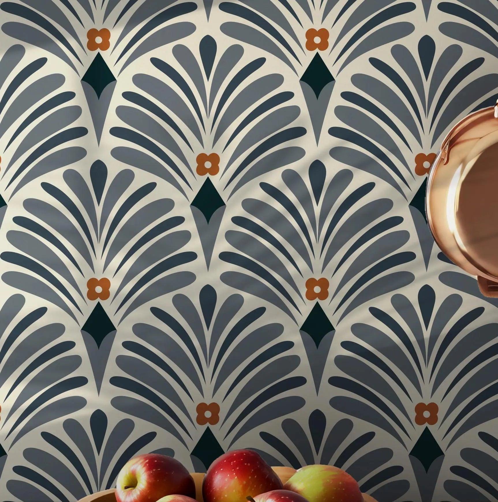 Blue Orange Art Deco Wallpaper - Peel and Stick Wall Mural - Floral Pattern Elegant Wall Decor BV277