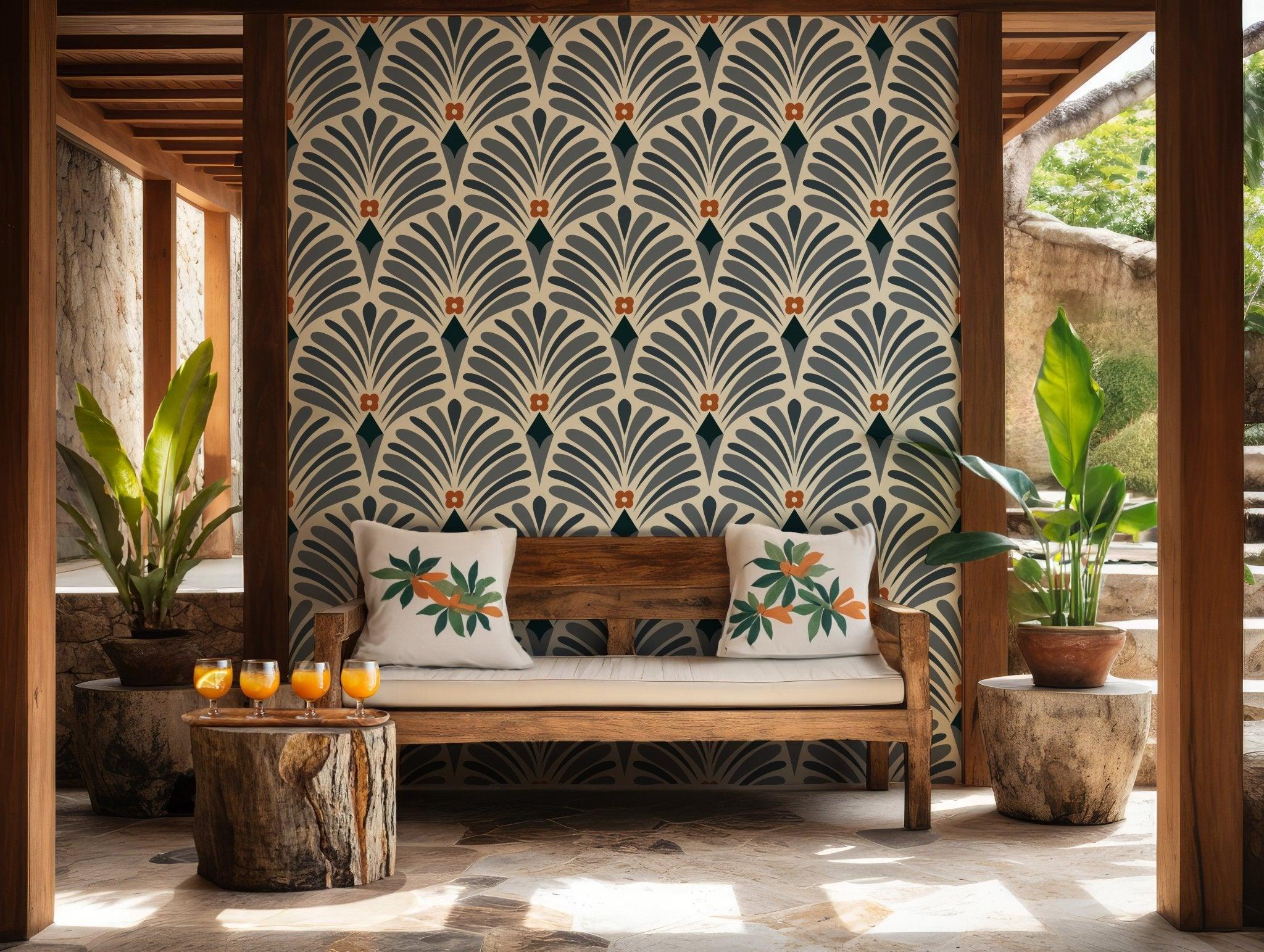 Blue Orange Art Deco Wallpaper - Peel and Stick Wall Mural - Floral Pattern Elegant Wall Decor BV277