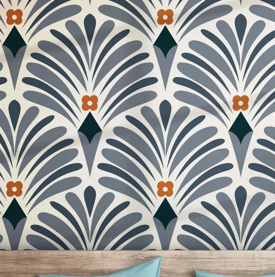 Blue Orange Art Deco Wallpaper - Peel and Stick Wall Mural - Floral Pattern Elegant Wall Decor BV277