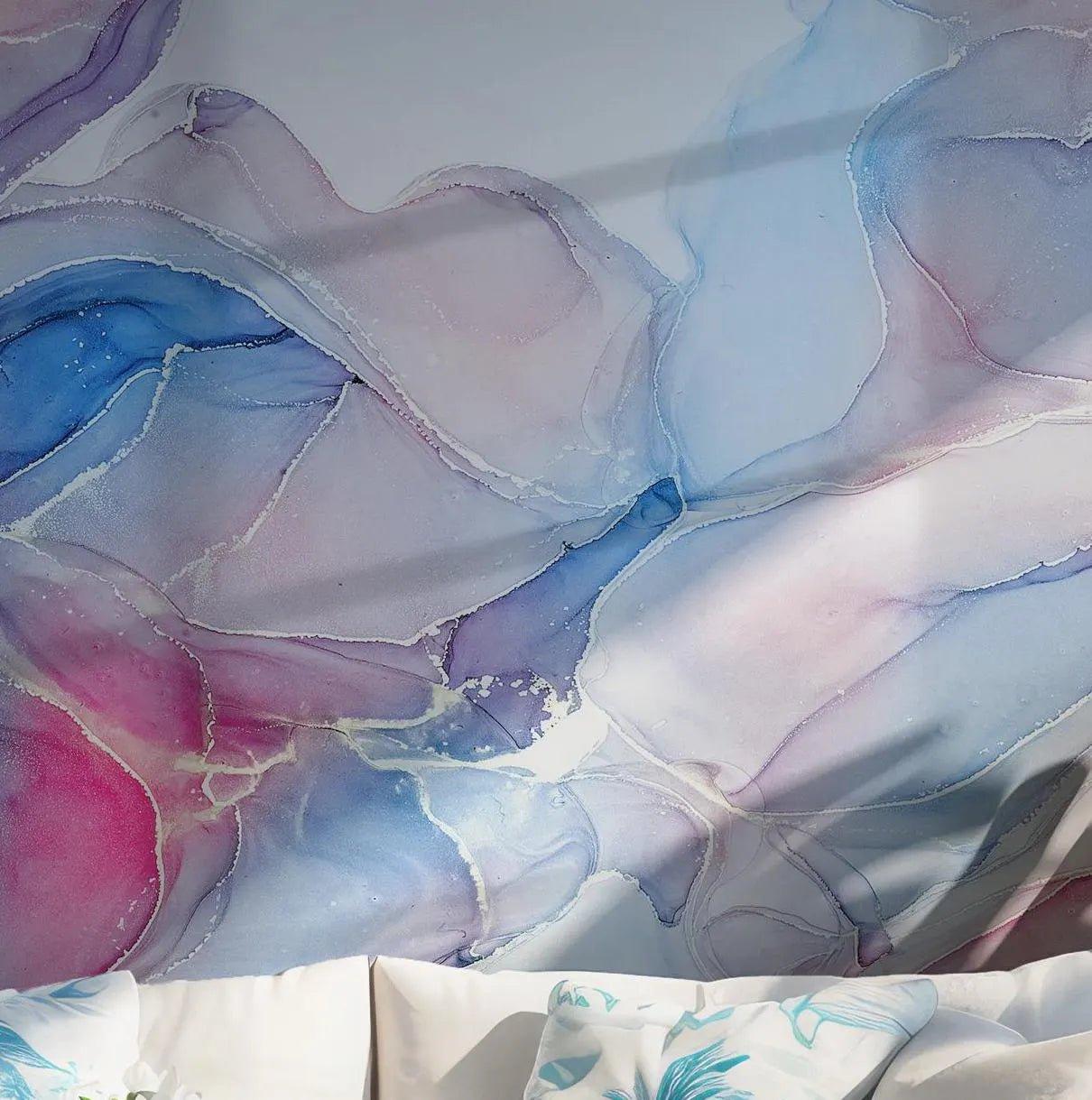 Blue Pink Gold Marble Wallpaper - Self Adhesive Wall Mural - Fluid Art Watercolor BV321