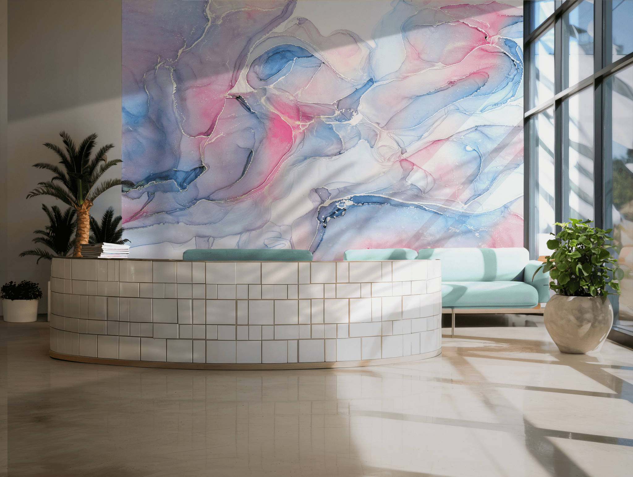Blue Pink Gold Marble Wallpaper - Self Adhesive Wall Mural - Fluid Art Watercolor BV321