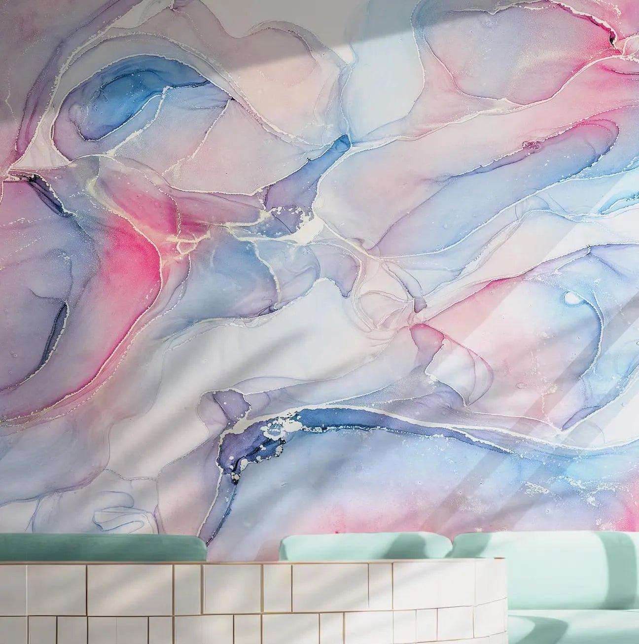 Blue Pink Gold Marble Wallpaper - Self Adhesive Wall Mural - Fluid Art Watercolor BV321