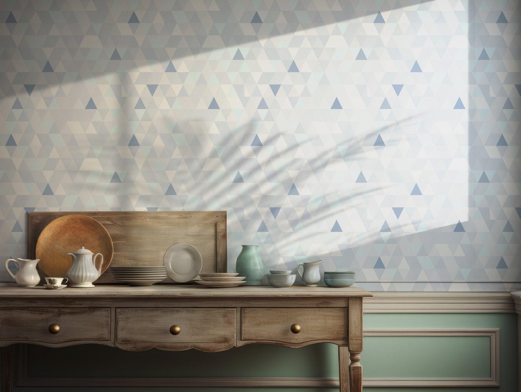 Blue White Geometric Wallpaper - Self Adhesive Peel and Stick - Modern Triangle Minimalist BV239