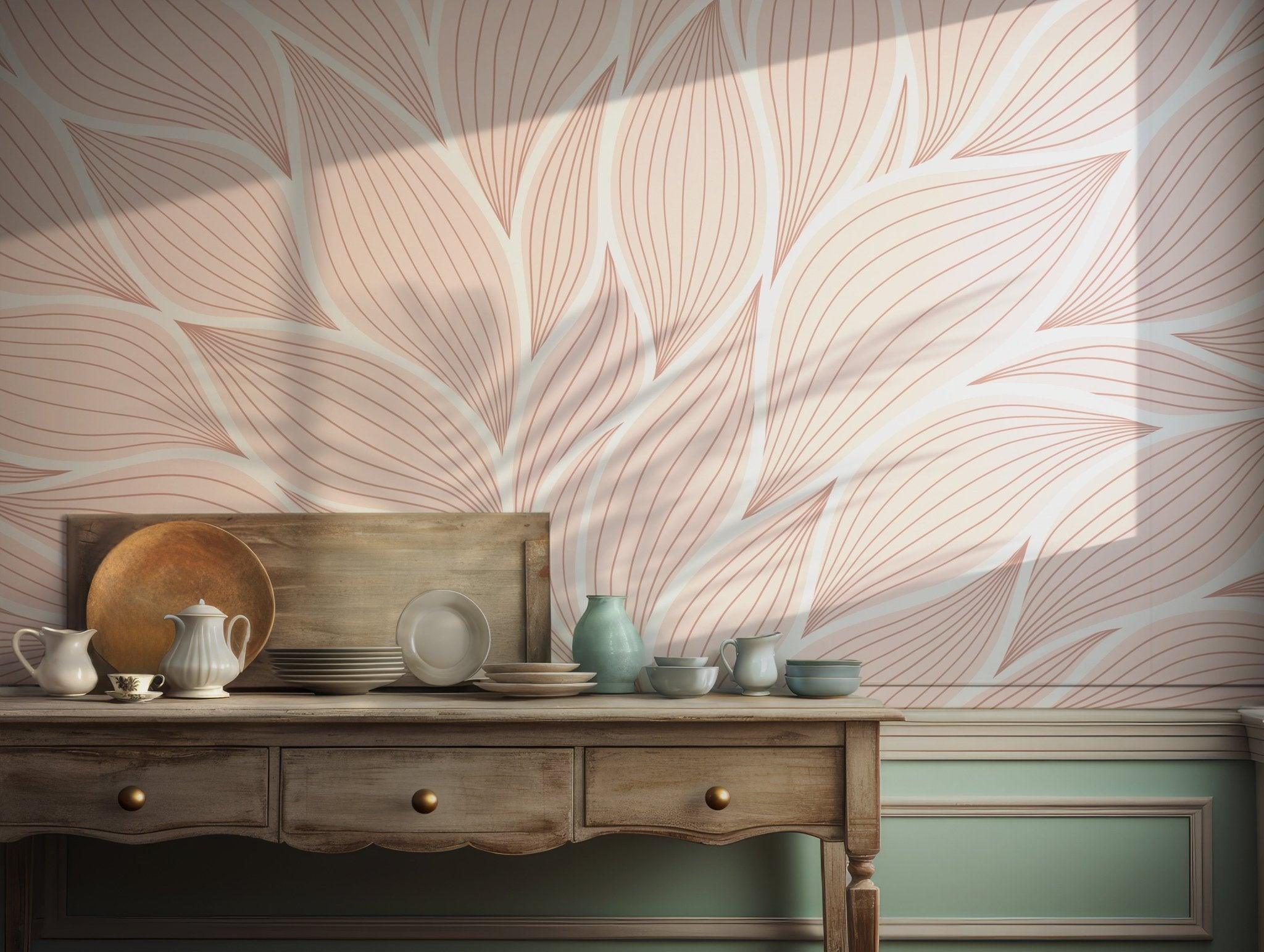 Blush Pink Boho Wallpaper - Self Adhesive Wall Mural - Soft Oversized Line Art Neutral Tones Botanical BV287