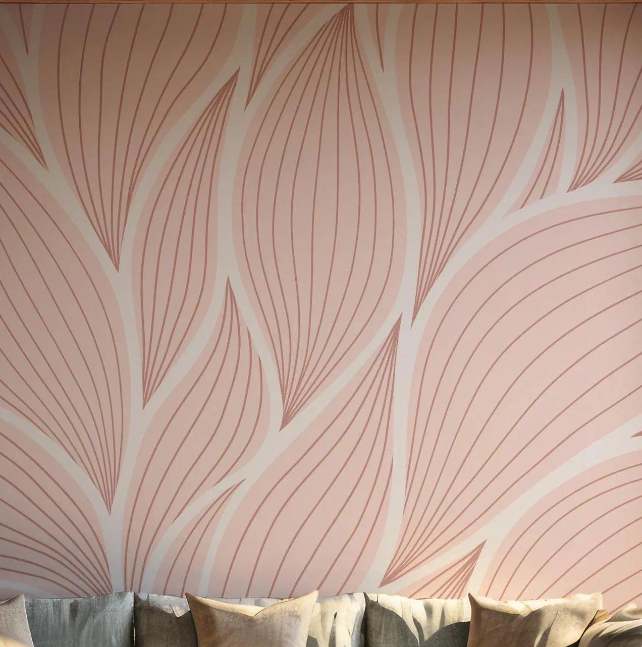 Blush Pink Boho Wallpaper - Self Adhesive Wall Mural - Soft Oversized Line Art Neutral Tones Botanical BV287